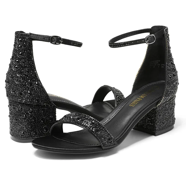 Rhinestone Low Chunky Heel Sandals