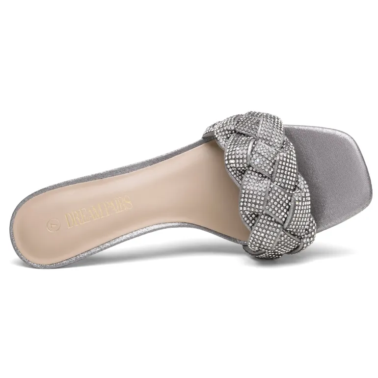 Rhinestone Open Toe Kitten Heel Mule Sandals