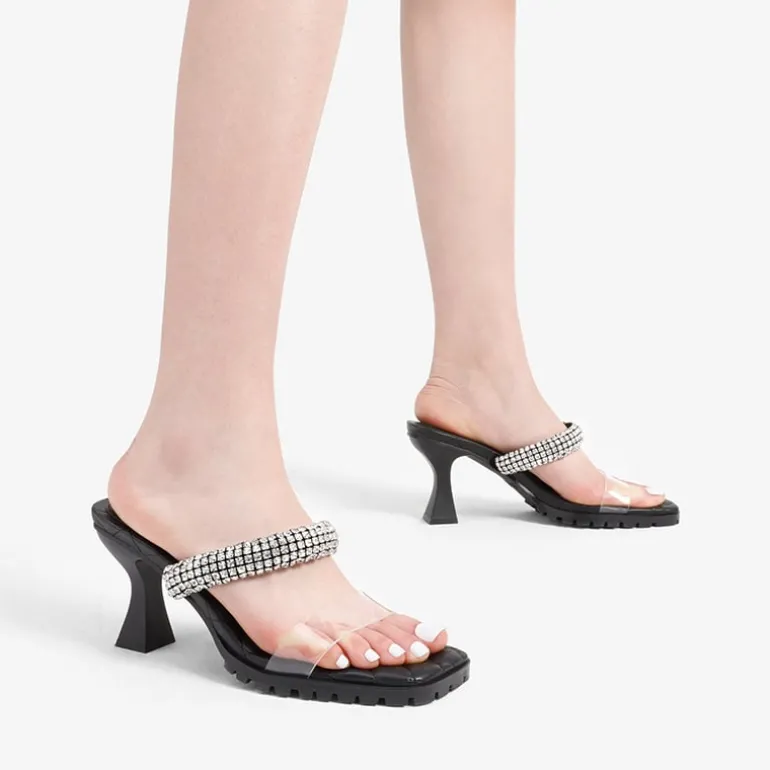 Rhinestone Strap Quilted Heel Sandals