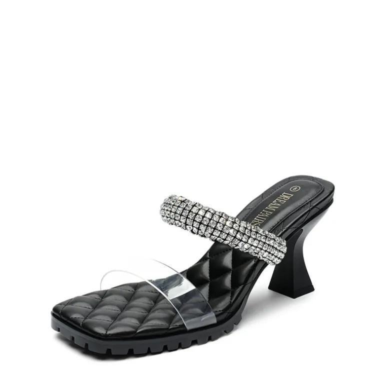 Rhinestone Strap Quilted Heel Sandals