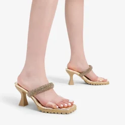 Rhinestone Strap Quilted Heel Sandals