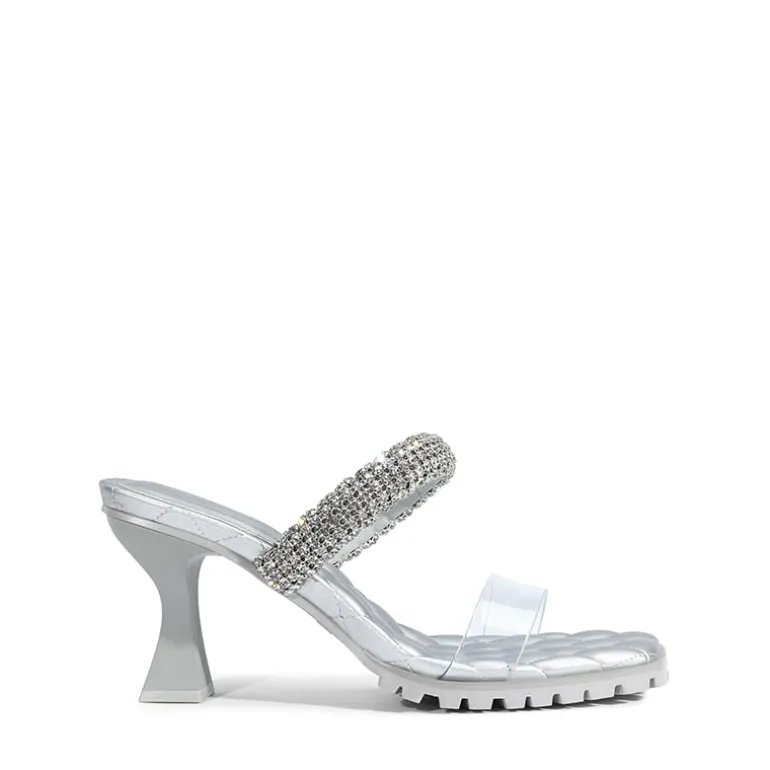 Rhinestone Strap Quilted Heel Sandals