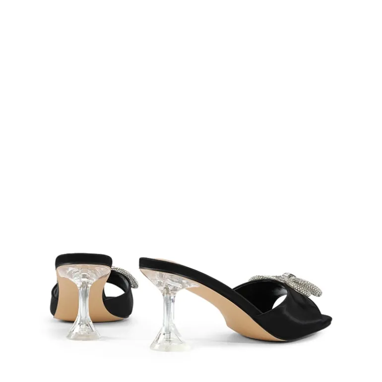 Satin Double Bow Square Toe Transparent Heel Sandals