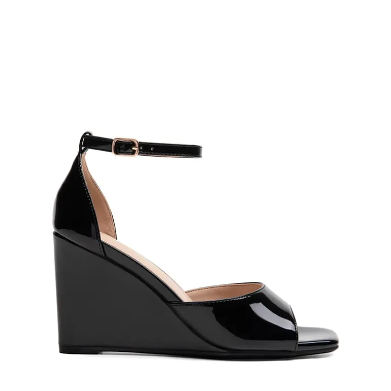 Square-Toe Buckle Strap Wedge Sandals