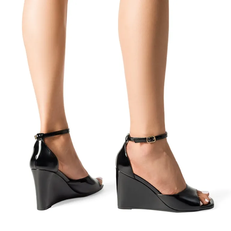 Square-Toe Buckle Strap Wedge Sandals
