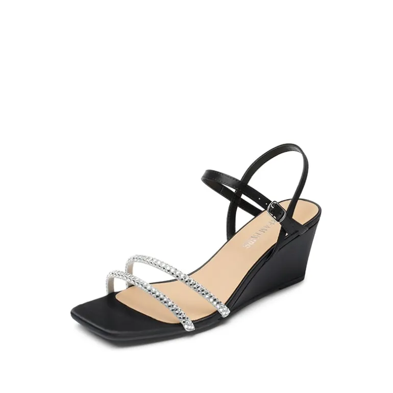 Square Toe Rhinestone Wedge Sandals