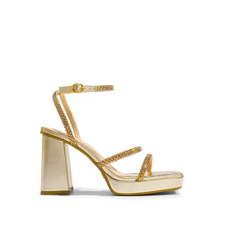 Strappy Chunky Heel Platform Rhinestone Sandals
