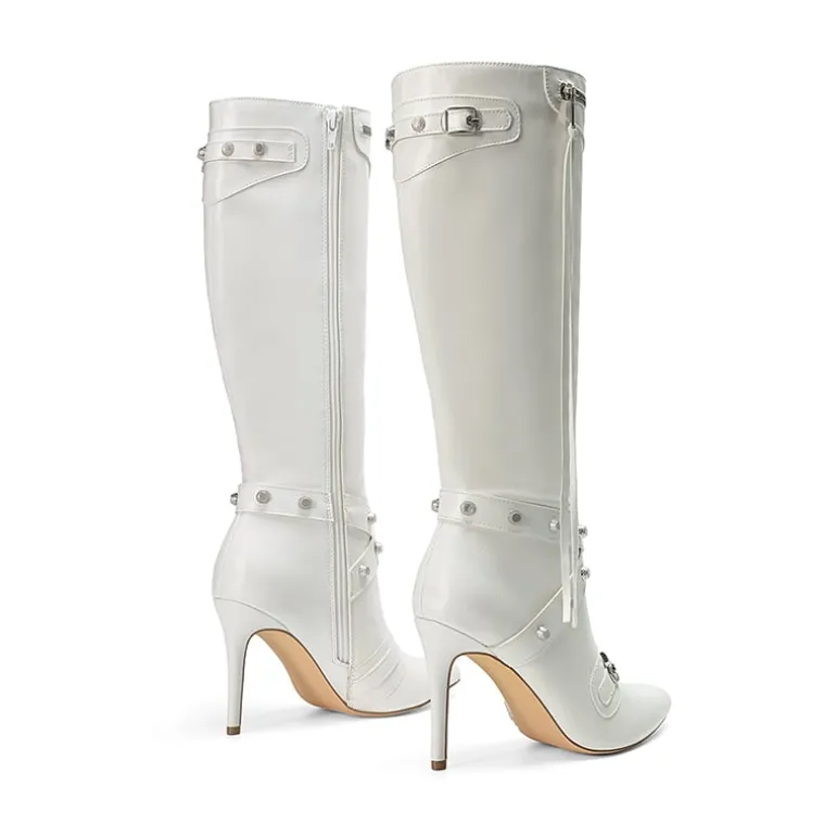 Studded Cross-over Strap Stiletto Heel Boots