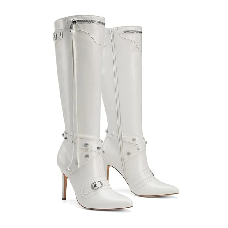 Studded Cross-over Strap Stiletto Heel Boots