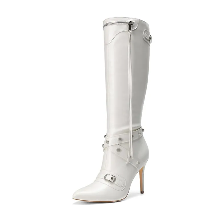 Studded Cross-over Strap Stiletto Heel Boots