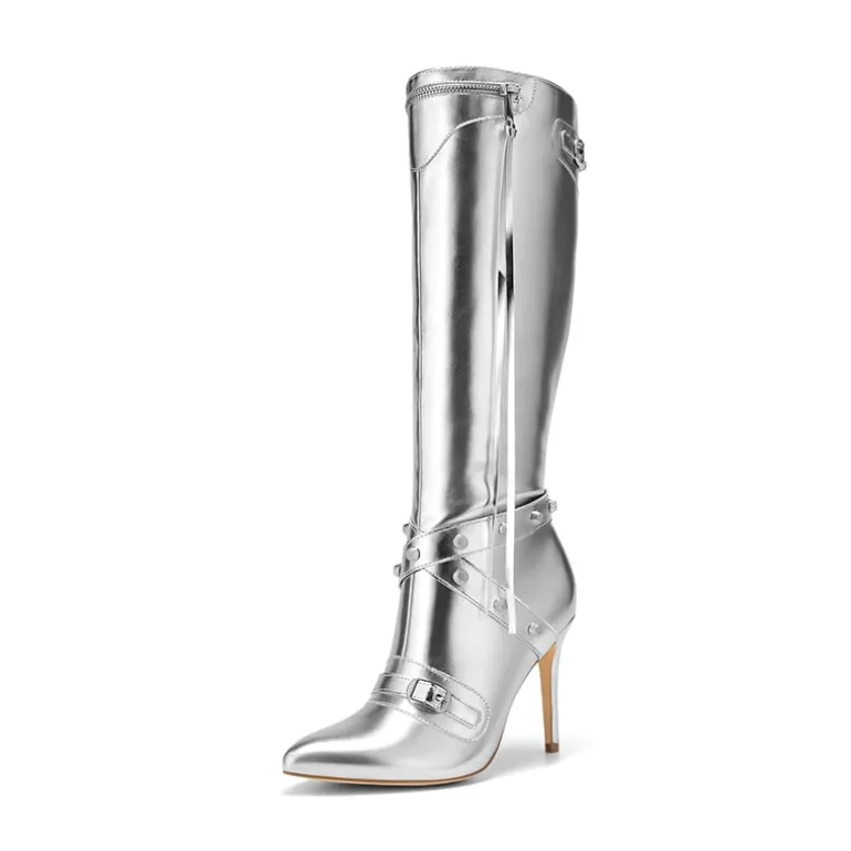Studded Cross-over Strap Stiletto Heel Boots