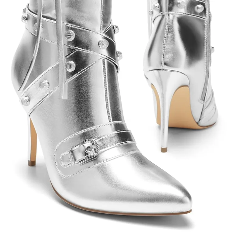 Studded Cross-over Strap Stiletto Heel Boots