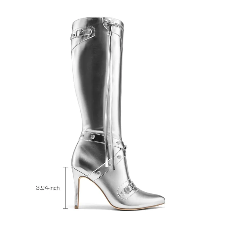Studded Cross-over Strap Stiletto Heel Boots