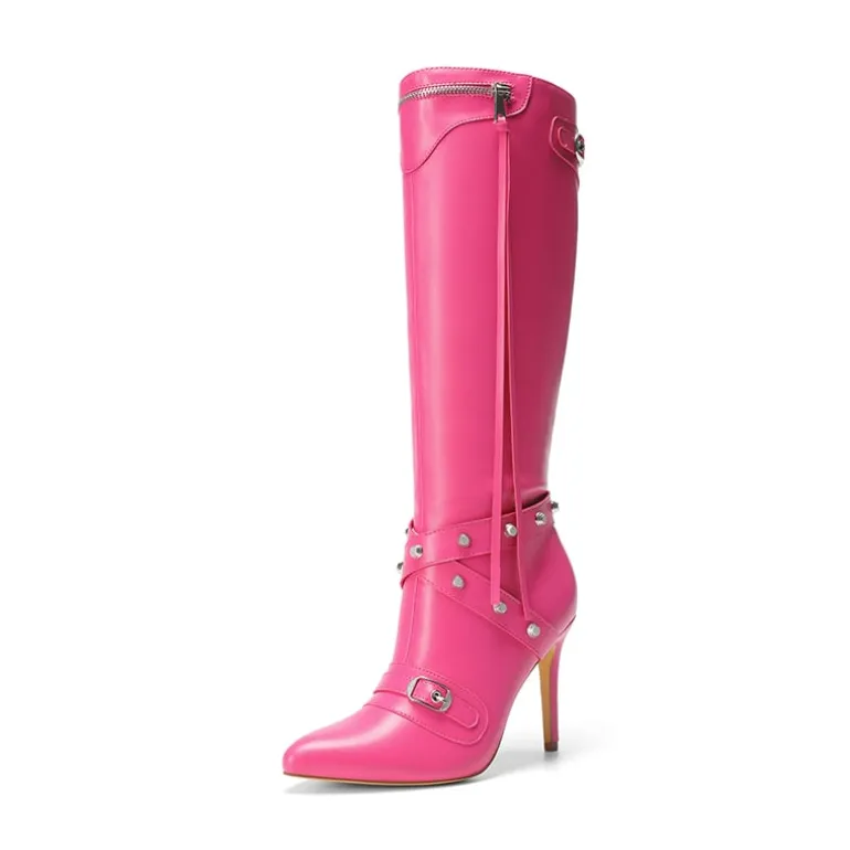 Studded Cross-over Strap Stiletto Heel Boots