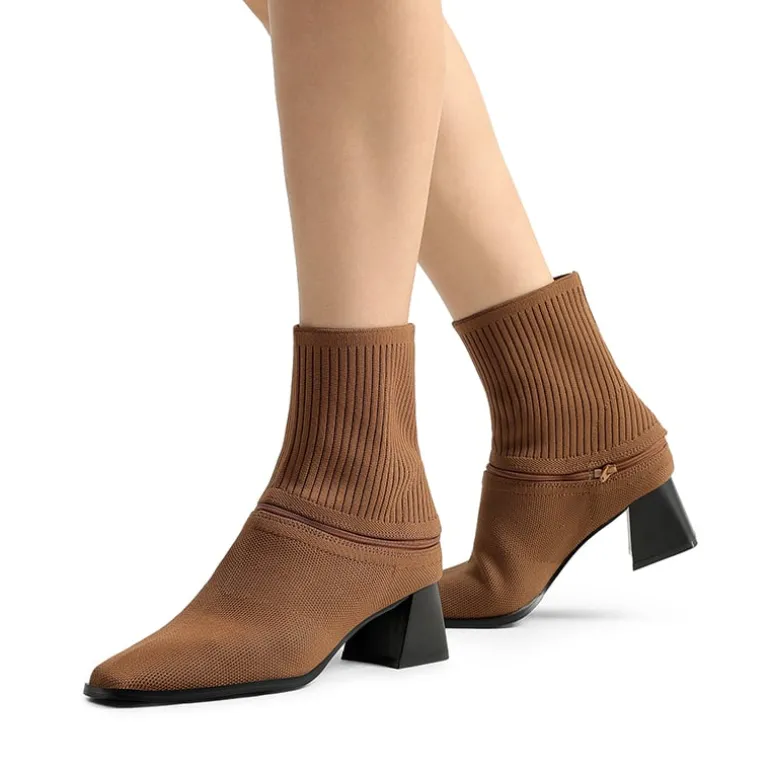 Waterproof Block Heel Knit Ankle Boots