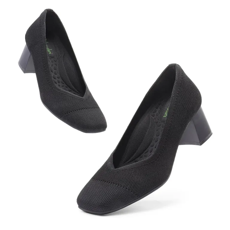 Water-Resistant Block Heel Knit Pumps