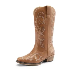 Wide-calf Square-toe Mid-Calf Cowgirl Boots