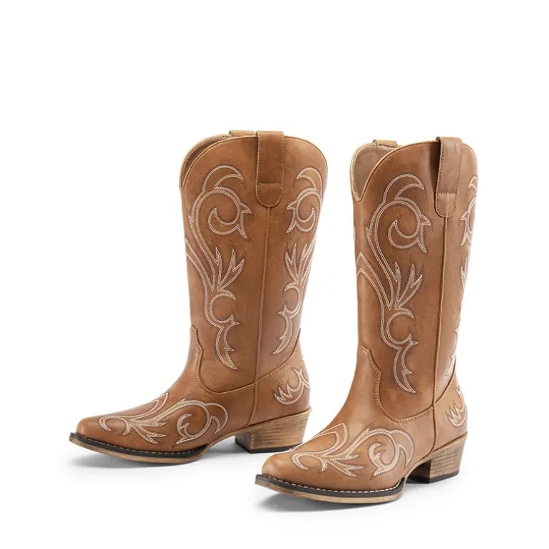 Wide-calf Square-toe Mid-Calf Cowgirl Boots