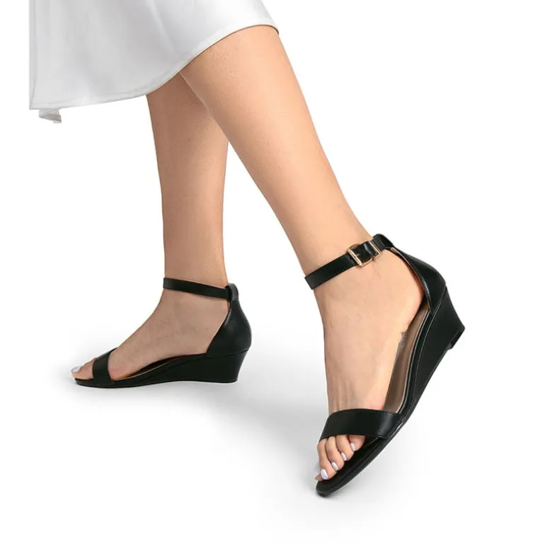 Wide-Toe Ankle Strap Low Wedge Sandals