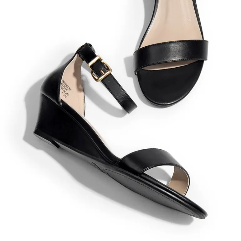 Wide-Toe Ankle Strap Low Wedge Sandals