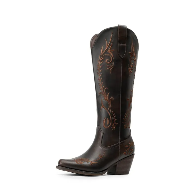 Women’s Square Toe Block Heel Western Boots with Embroidery