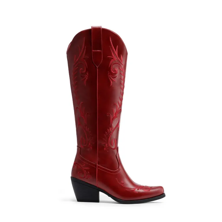 Women’s Square Toe Block Heel Western Boots with Embroidery