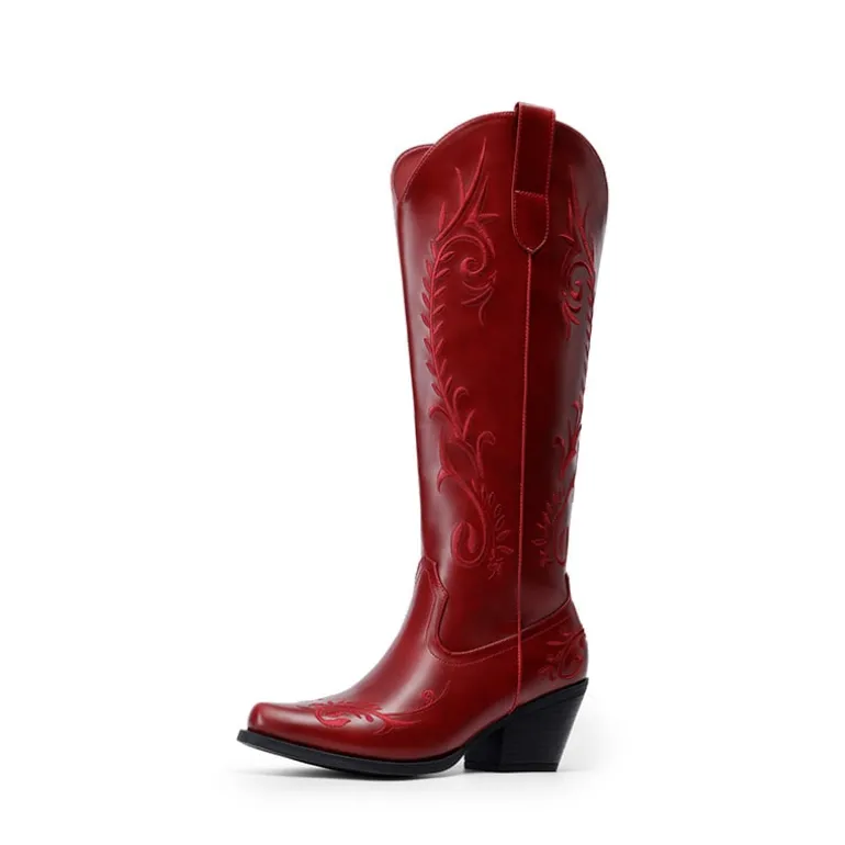 Women’s Square Toe Block Heel Western Boots with Embroidery