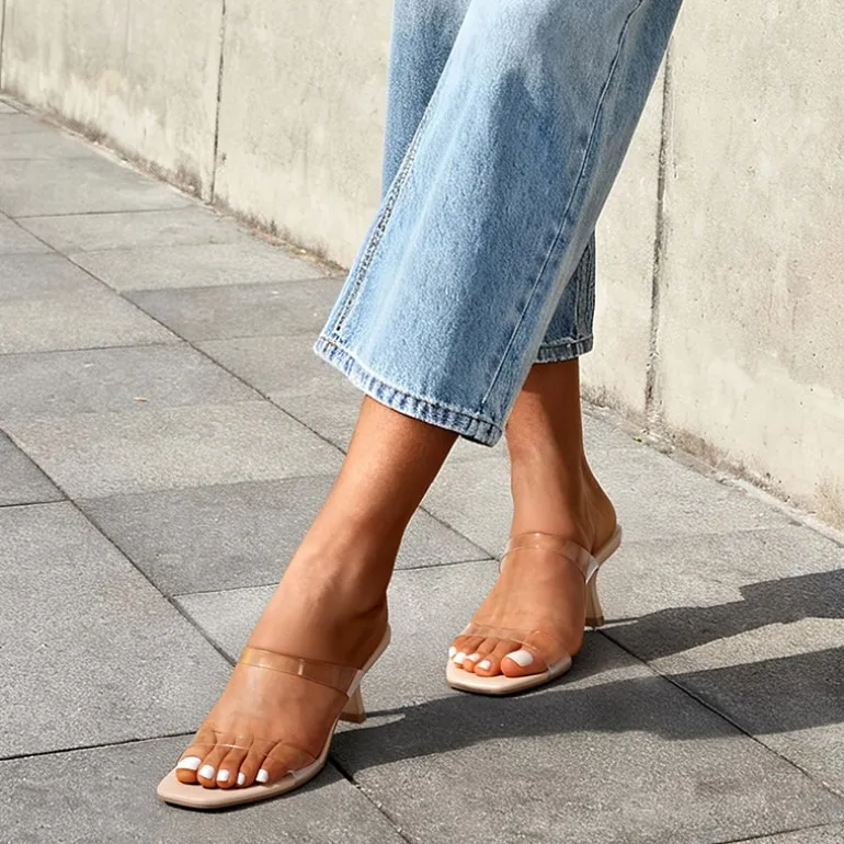 Women’s Strappy Square Toe Kitten Heel Mules