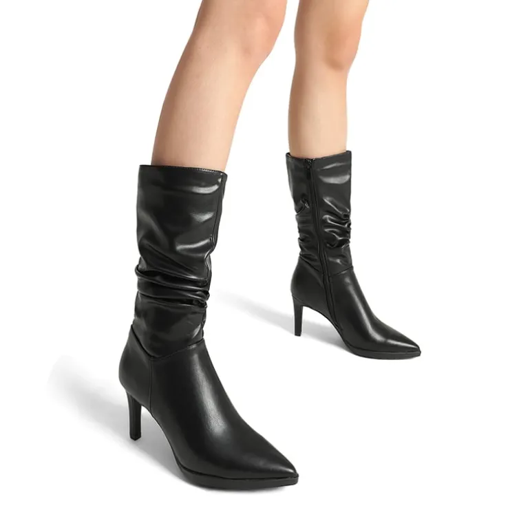 Wrinkle Design Pointed Toe Mid Calf Boots